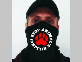 Stop animal killing! čierna univerzálna elastická multifunkčná šatka vhodná na prekritie úst a nosa aj na turistiku pre chladenie krku v horúcom počasí